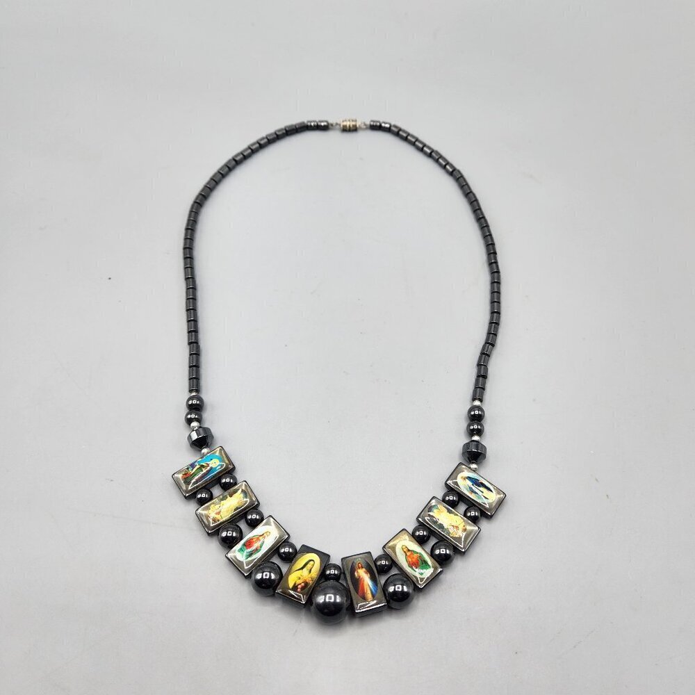 Beaded Hematite Necklace with Christian Saint Portraits